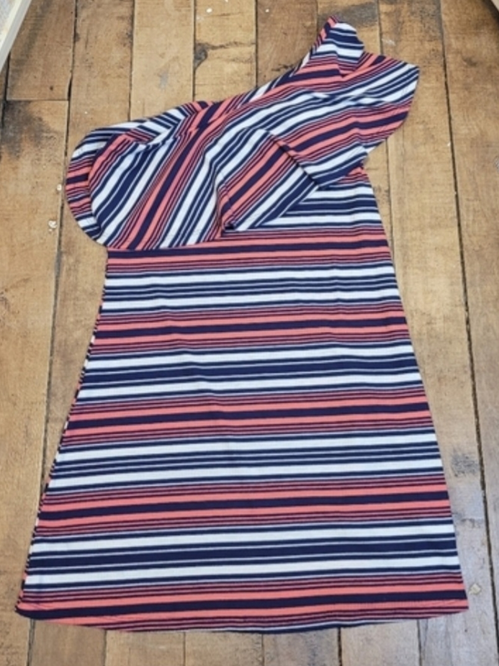 Love, Fire Coral, Navy & White One-Shoulder Striped Dress Medium